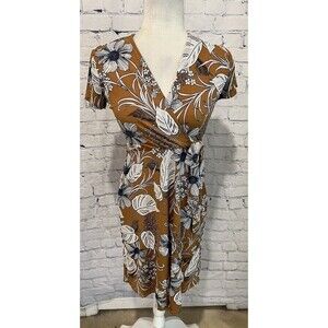 Robbie Bee Signature Petite Dress Caramel Brown, Blue & White Floral Women's PS